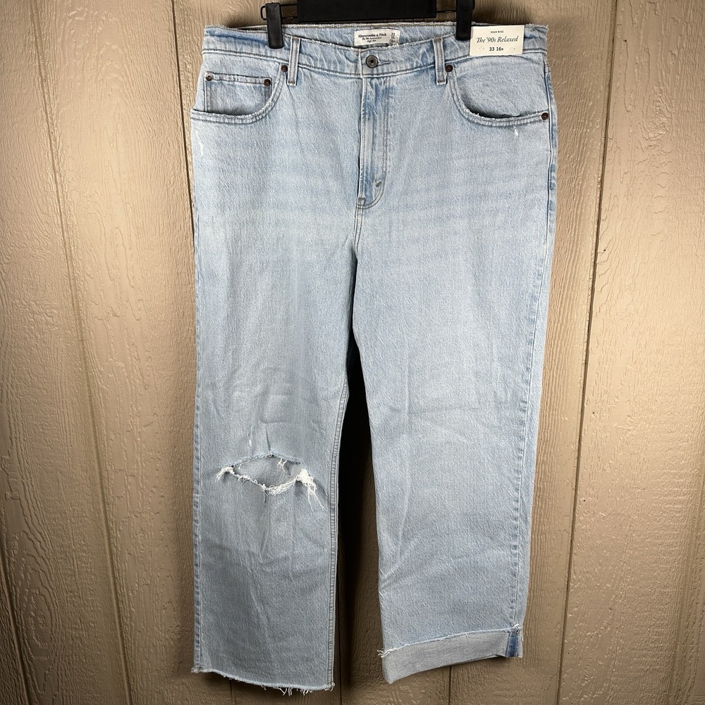 NEW Abercrombie & Fitch 90s Relaxed High Rise Jeans 33/16R Distressed Light Wash